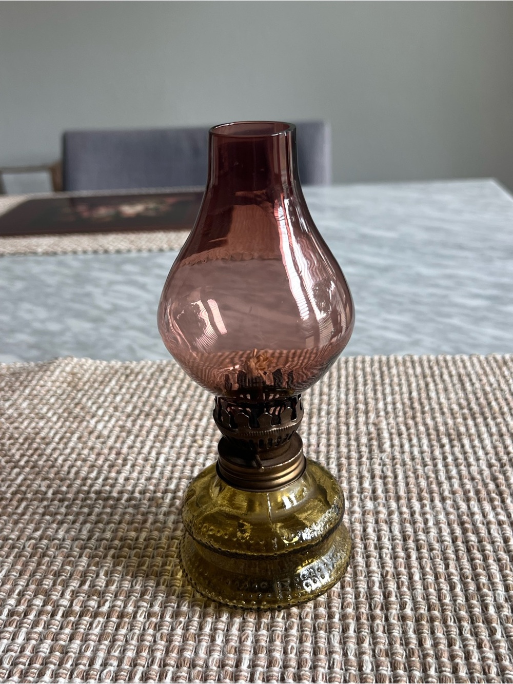 Vintage Glass Oil Lamp with Pink Chimney and Amber Base - Picture 2 of 4